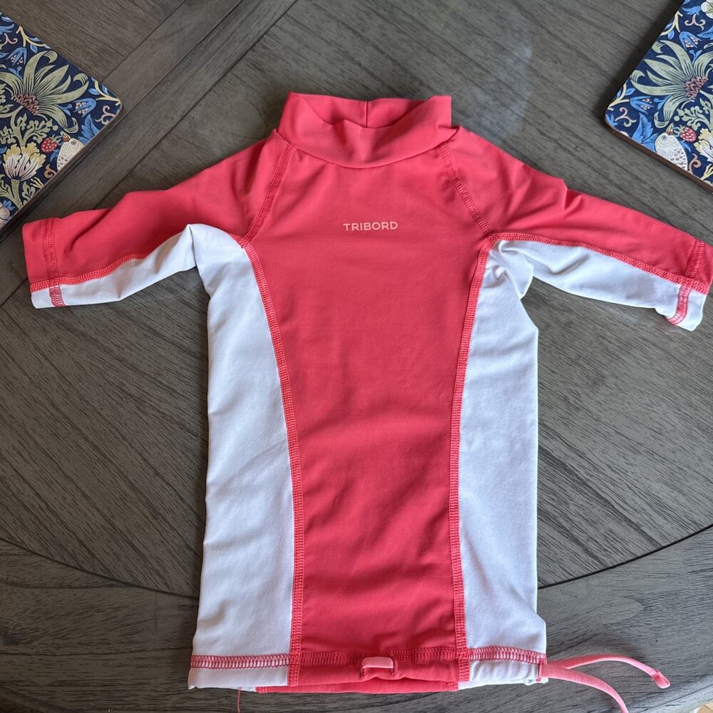 Tribord Toddler Size 4 Long Sleeve Rash Guard With Cinch Waist Bright Coral